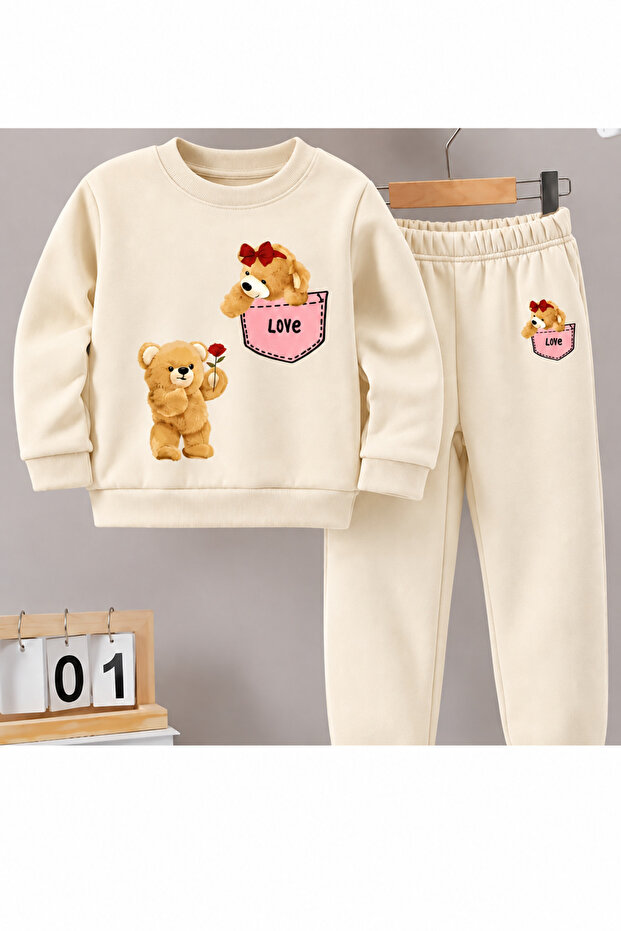 2-Piece Top and Bottom Set Teddy Bear Printed Tracksuit Set Crew Neck