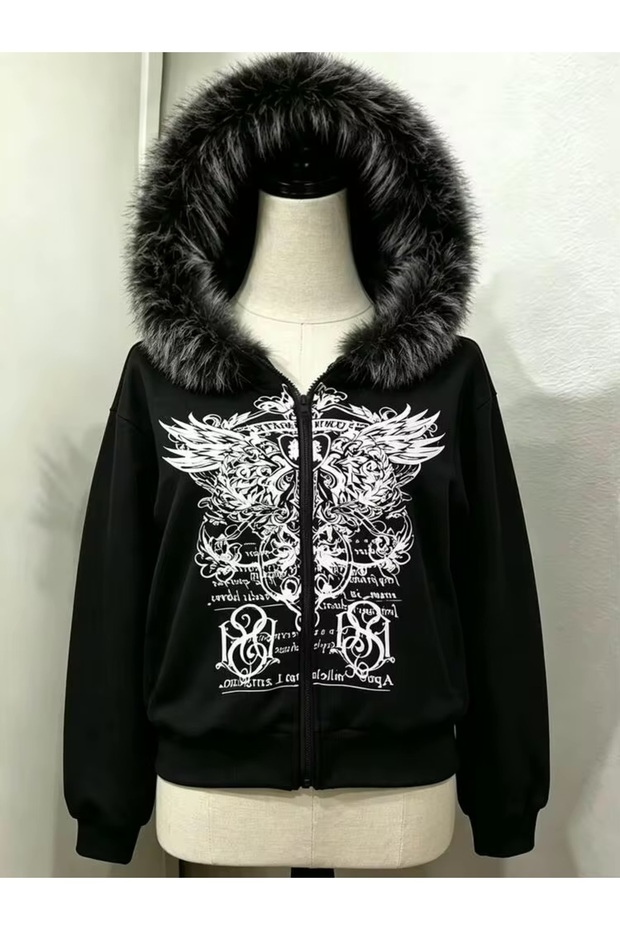 Fur Hooded Angel Wings Gothic Zipper Cardigan