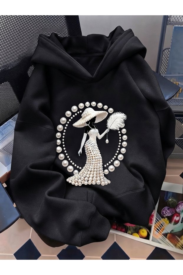 Unisex Women's Premium Hooded Oversized Sweatshirt with Pearl Hat and Feather Detail Print, 2 Thread Count Oversized Sweatshirt