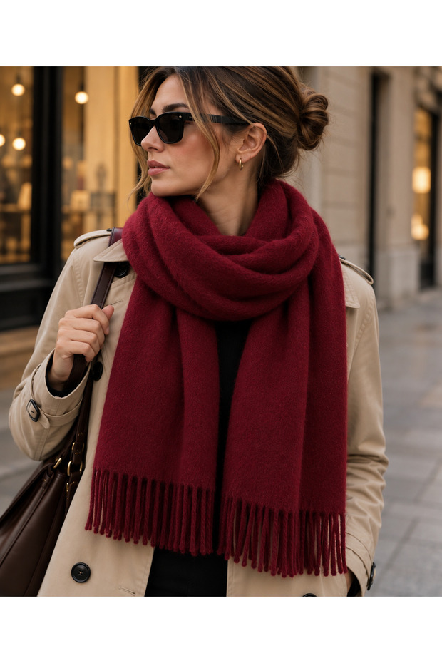 Women's Tasseled Soft Textured Winter Scarf Long Shawl Scarf - Burgundy