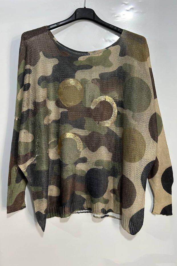 Women's Italian Gilding Print Patterned Long Sleeve Mercerized Blouse Sweater