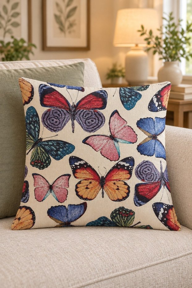 Ecru Color Butterfly Patterned Decorative Pillowcase