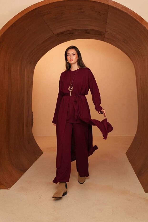 Women's Knitwear Fabric Belted Basic 3-Piece Abaya Set 8617 Claret Red