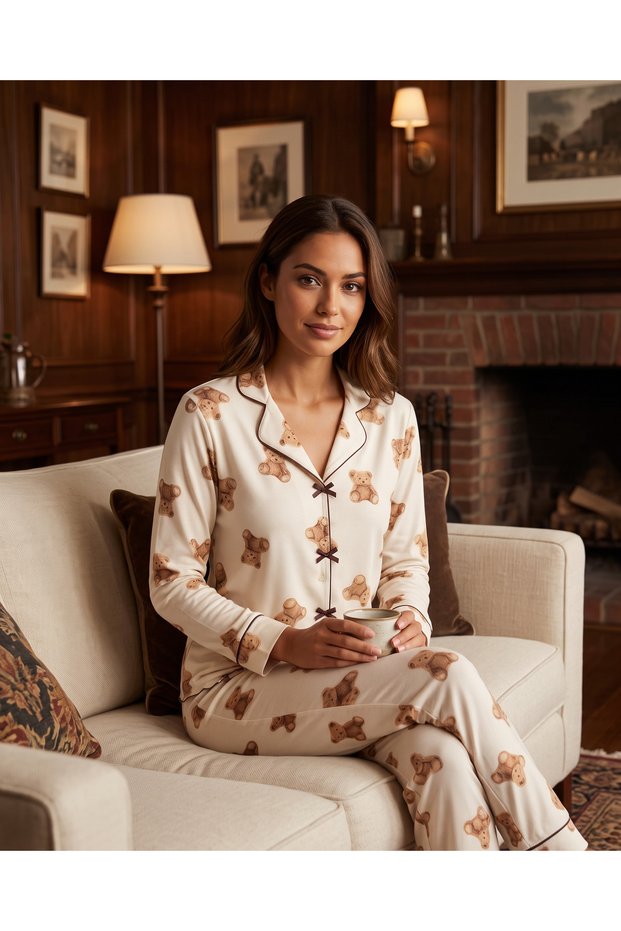 Women's Long Sleeve Shirt Collar Single Jersey Fabric Cotton Teddy Bear Patterned Pajama Set - Ecru