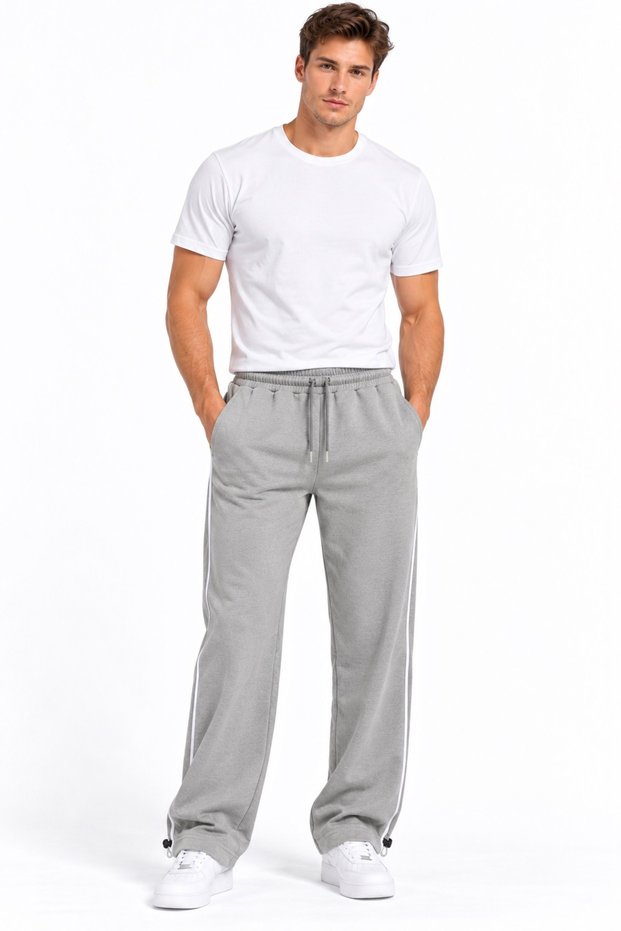 3-Thread Side Piping, Adjustable Cuffs, Baggy Winter Men's Sweatpants with Internal Ribbing, Smoked Gray Brown Black Stone.