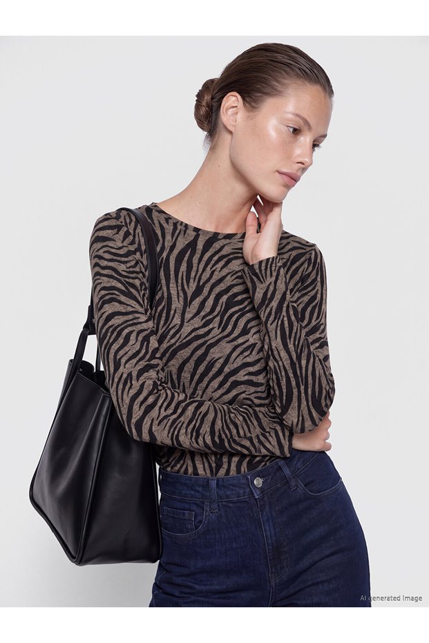 Two Mt Shop Quality Lcw Everyday Brown Combed Cotton Leopard Tight & Slim Long Sleeve Women's Bodysuit