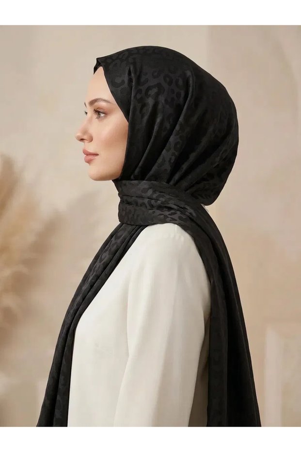 Leopard Patterned Cotton Jacquard Shawl Mi̇ra Series Black Color