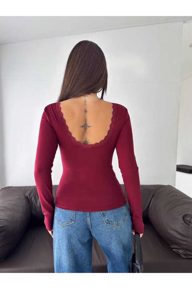 Women's Burgundy Wide Collar Backless Lace Gupure Detail Long Sleeve Slim Fit Stylish Blouse Bg10009