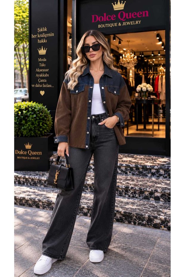 Women's Denim Detailed Velvet Shirt Jacket