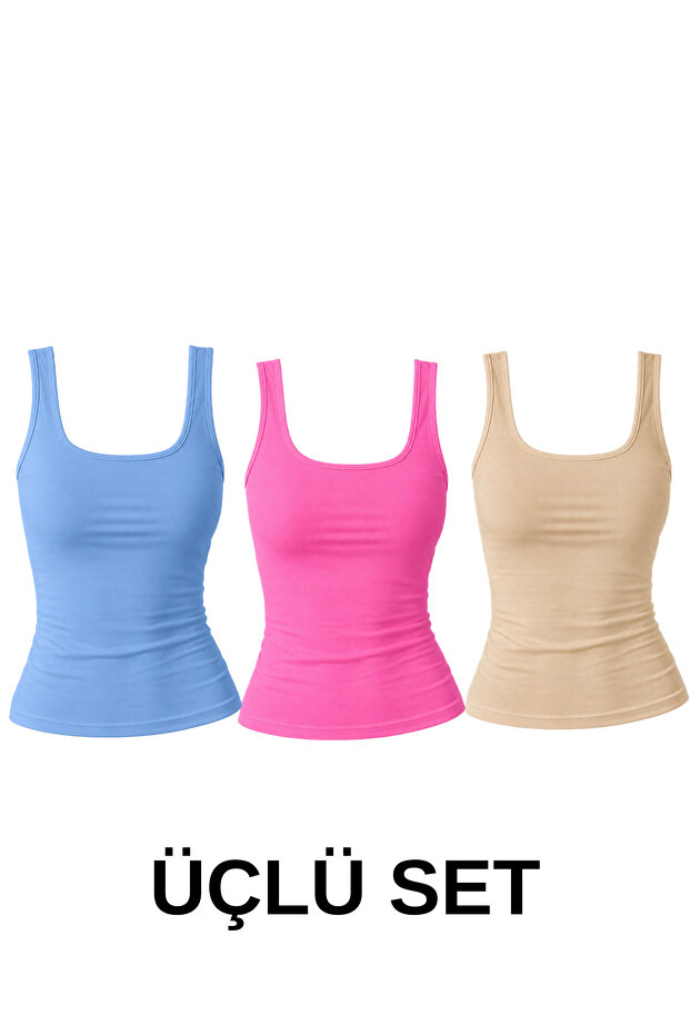 Women's Thick Strap 95% Cotton Lycra Standard Length Blouse Undershirt - Triple Set (Blue, Pink, Mustard)