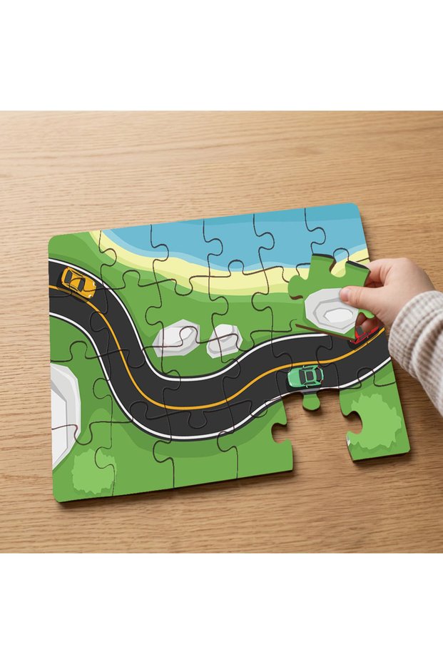 24 Piece Wooden Children's Puzzle with Colorful Vehicles Design on Long Road Mpk0871