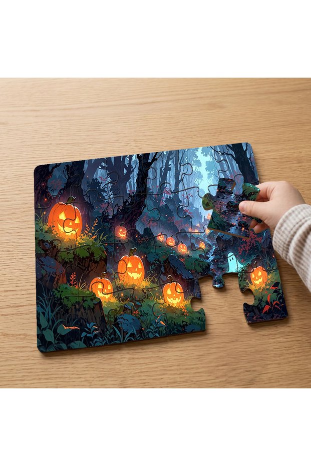 Halloween - 24 Piece Wooden Children's Puzzle with Lighted Pumpkins in the Forest Design Mpk0615