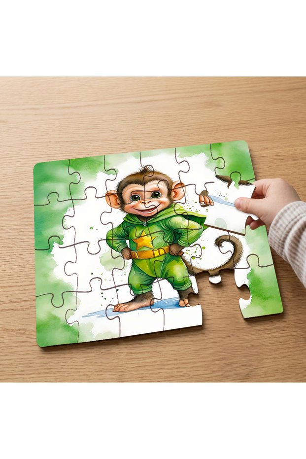 24 Piece Wooden Children's Puzzle with Green Costumed Cute Monkey Design Mpk0072