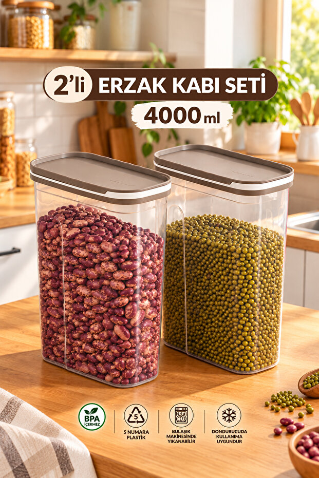 1977 Beige 2-Piece Food Container Set – 4000 ml Large Size Transparent Legume Storage Container with Sliding Lid