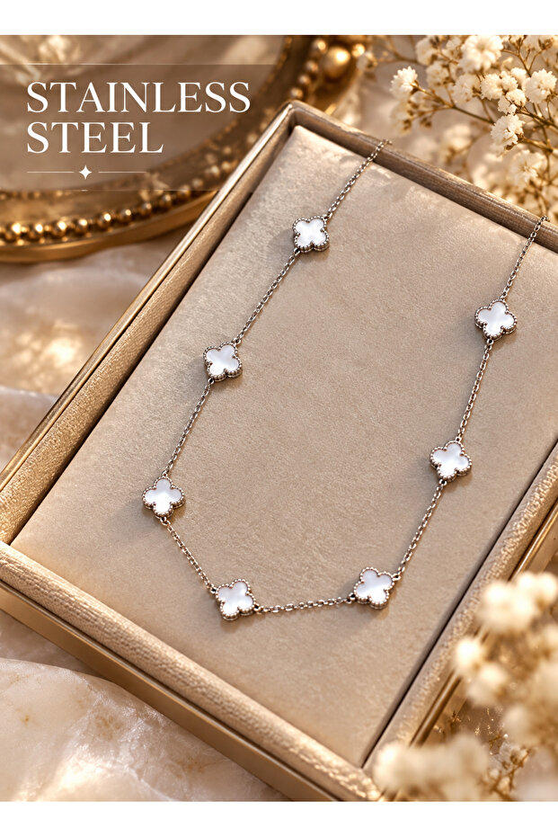 Silver Color White Stone Clover Model Steel Necklace