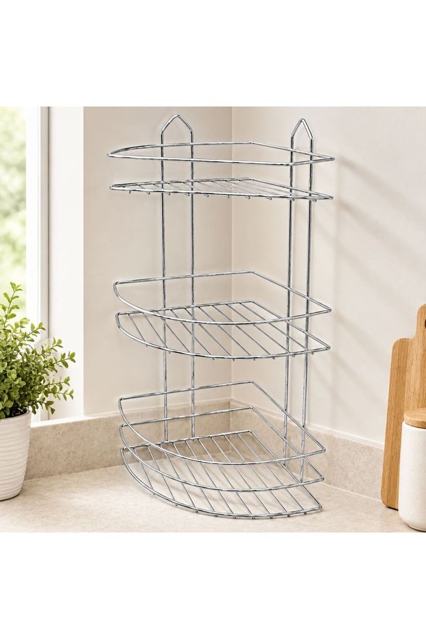 Three-Tier Triangular Metal Bathroom Corner Shelf Chrome