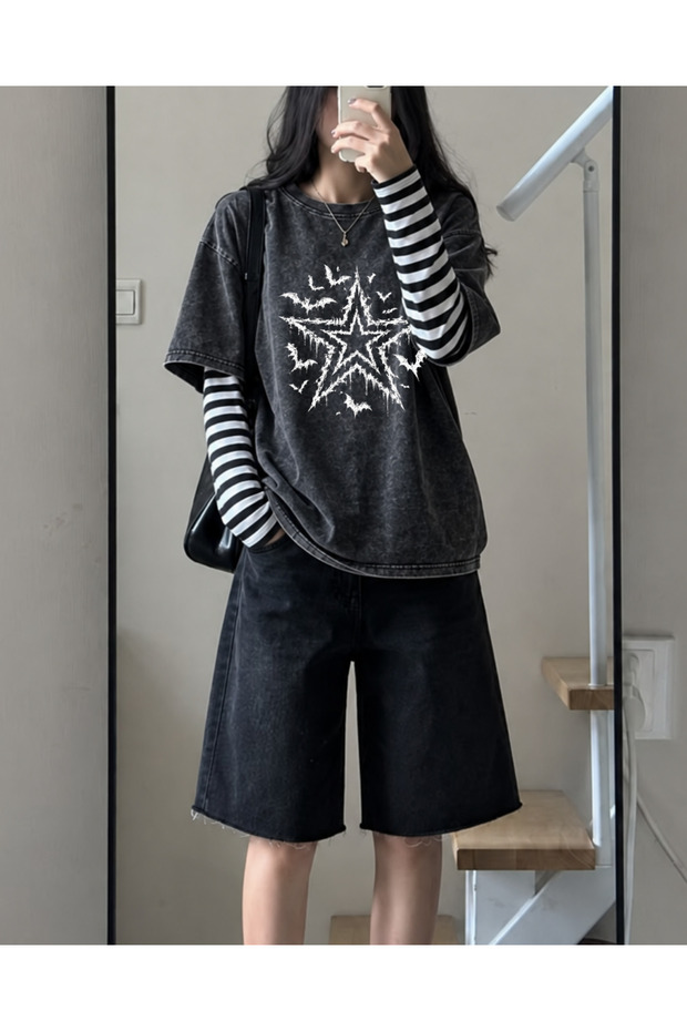 Gothic Grunge Printed Fake Sleeve Unisex Washable Vintage Oversize T-Shirt