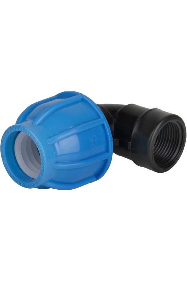 Compression elbow, 63 mm x 2", internal thread, 90 degrees, black-blue