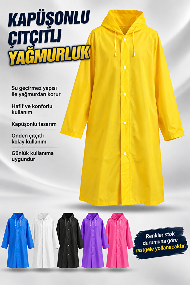 Women's Raincoat with Hood and Snap Fasteners – Waterproof Long Rain Poncho Lightweight and Practical Use