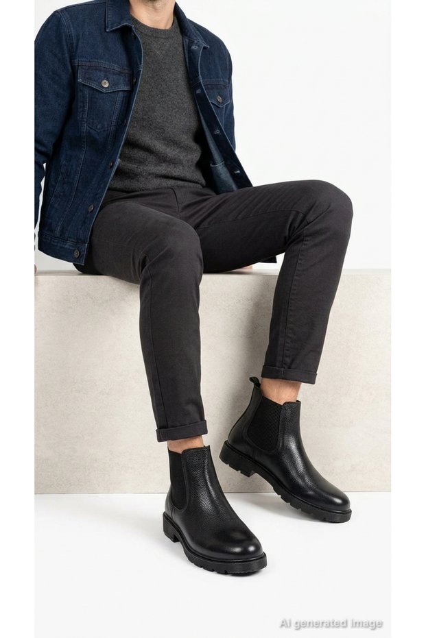 Men's Genuine Leather Boots Chelsea Side Elastic Thick Serrated Sole Laceless Winter Casual Comfortable Boots Pryden 101-08