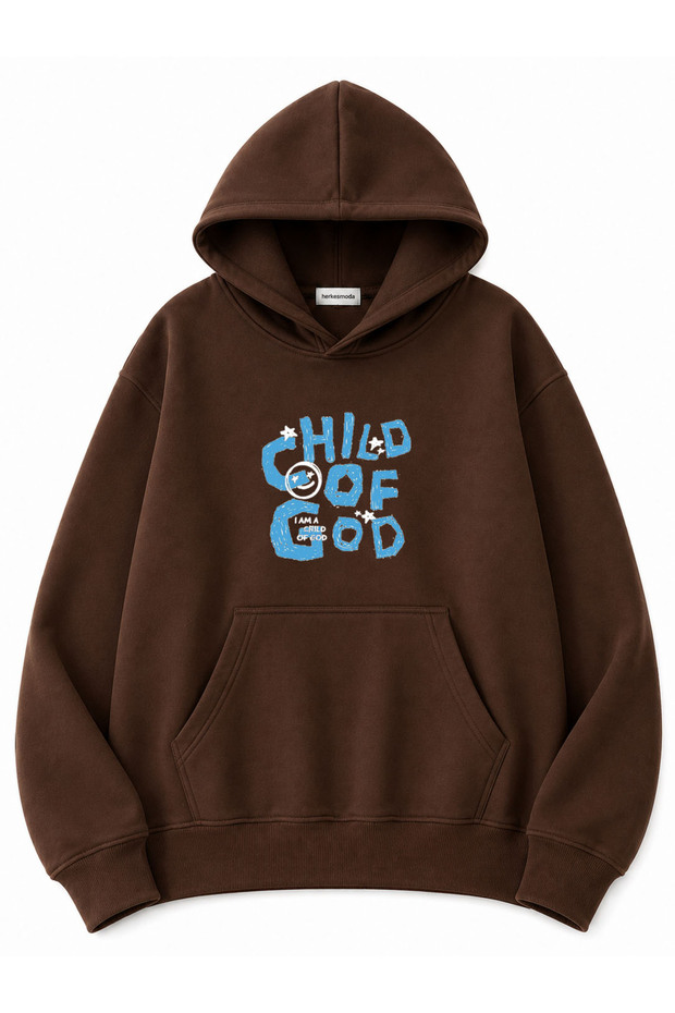 Chil of God Text Printed Oversize Sweatshirt with Kangaroo Pocket