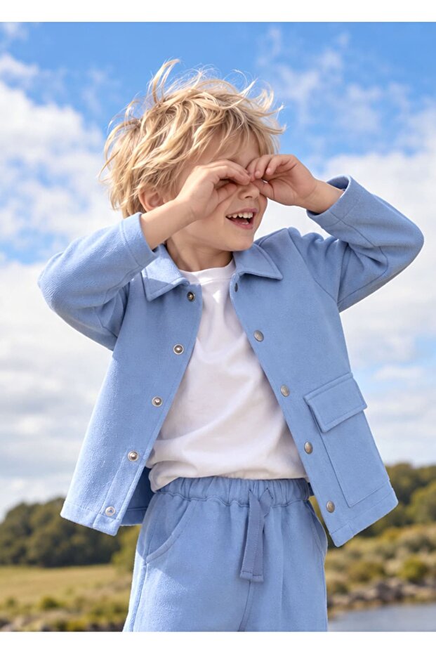 100% Cotton Shirt Collar Blue Little Boy's Jacket