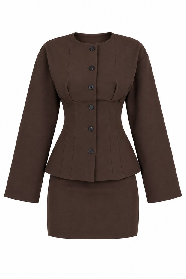 Brown Pleated Jacket Skirt Set - 2Y30422
