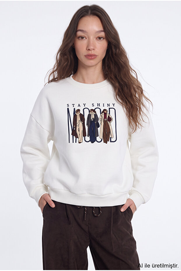 Women's Figured Crew Neck Sweatshirt Ecru
