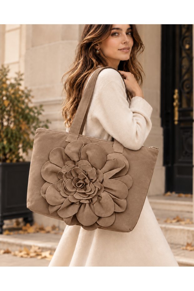 Aura Women's Suede Large Tote Bag 3D Floral Zippered Daily Shoulder Bag 43X30 cm