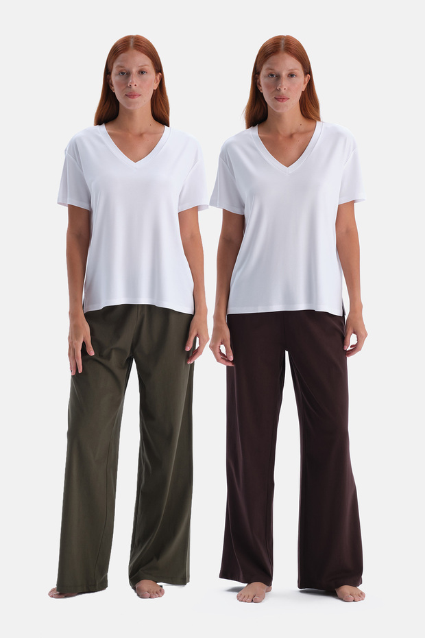 Brown-Dark Green Double Cotton Trousers Set