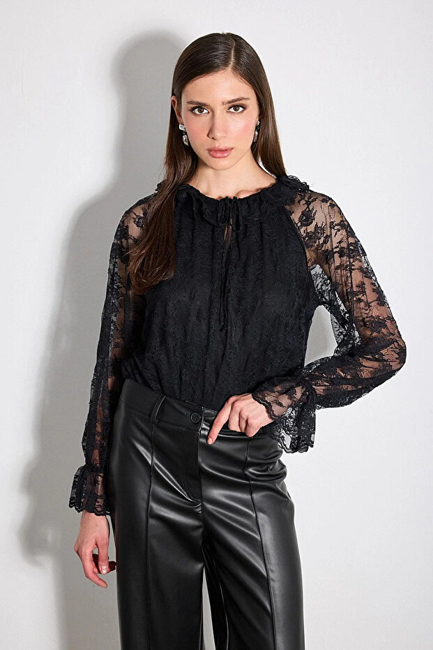 Lace Blouse with Ruffle Collar - Black