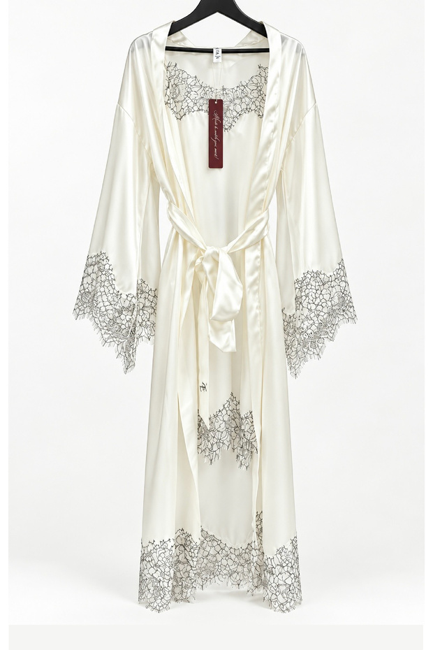 Ekru Satin French Lace Kimono & Nightgown Set