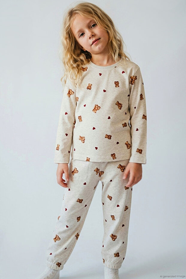Girl's Pajama Set with Heart & Cute Teddy Bear Pattern, Ages 4-8, Beige Melange