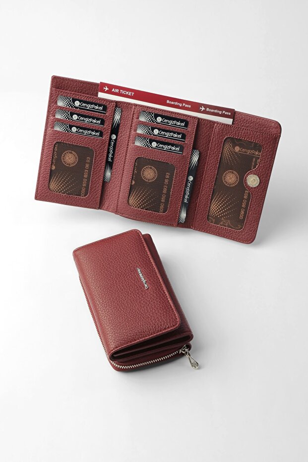 Genuine Leather Medium Size Magnetic Zipper Women's Wallet Claret Red – 65282