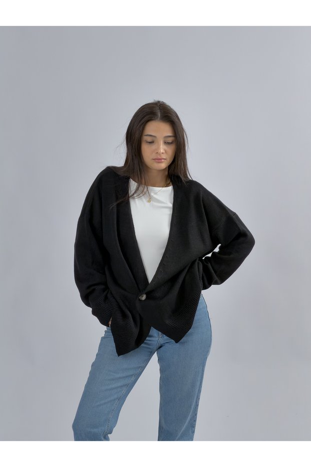 Single Button Black Knitwear Women's Cardigan Coc3579
