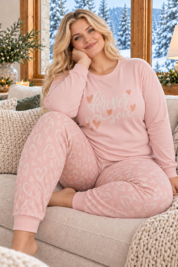 Salmon Forever You Patterned Luxury Thermal Plus Size Women's Pajama Set