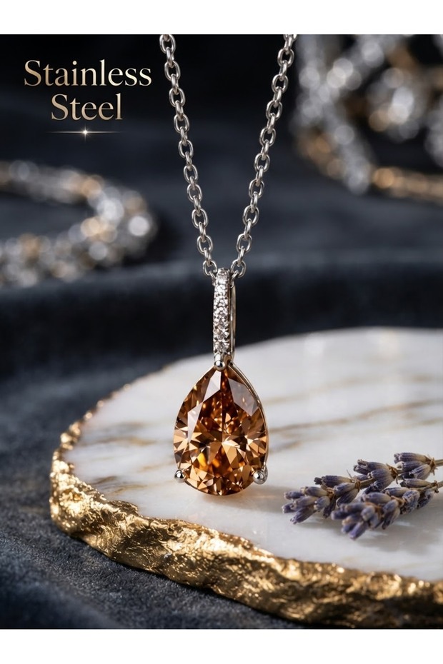 Amber Drop Model Steel Necklace with Silver Color Chain