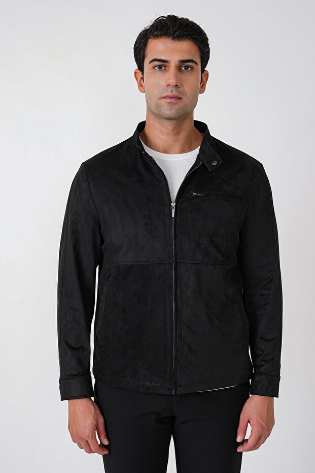 Slim Fit Side Pockets High Collar Black Suede Coat Mt 187