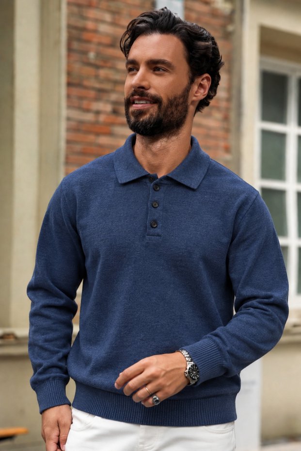 Men's Long Sleeve Polo Collar Blue Sweater