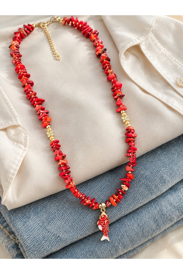 Fish Figured Coral Necklace - Red Natural Coral Stone