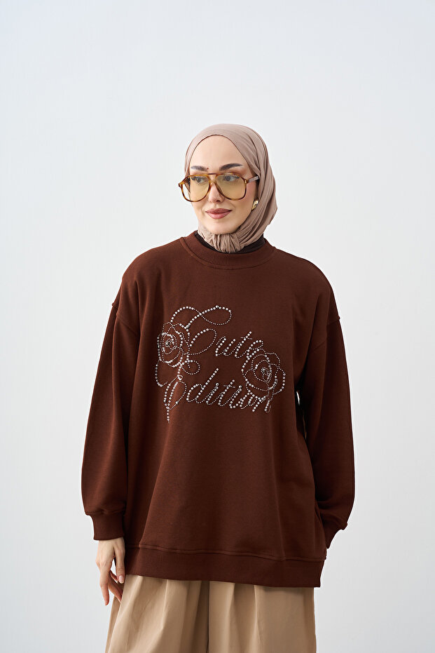 Women's Front Embroidered Balloon Sleeve Sweatshirt Brown