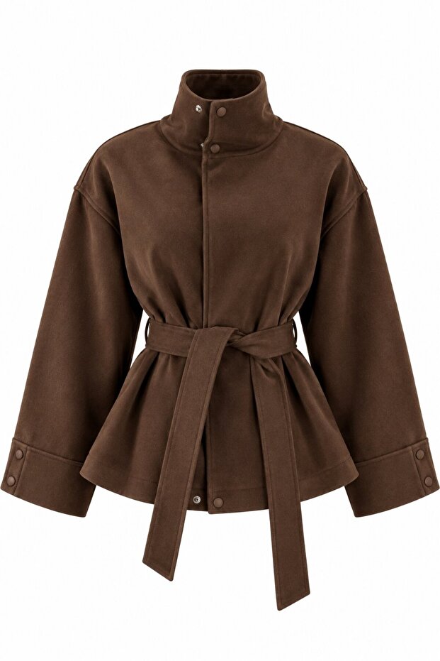 Acı Kahve High Collar Belted Suede Jacket - 4269