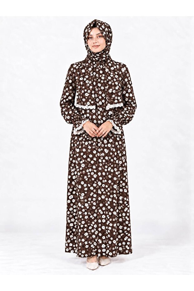 Viscose Cotton Self-Shalied Full-Length Zippered Practical Prayer Dress with Lace Details