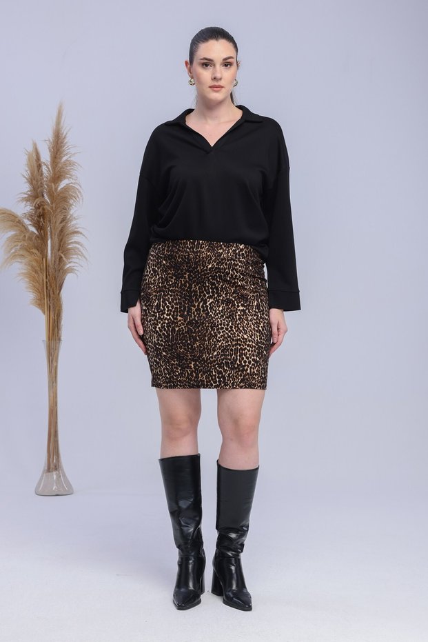 Women's Brown Black Leopard Pattern Stretchy Short Pencil Skirt
