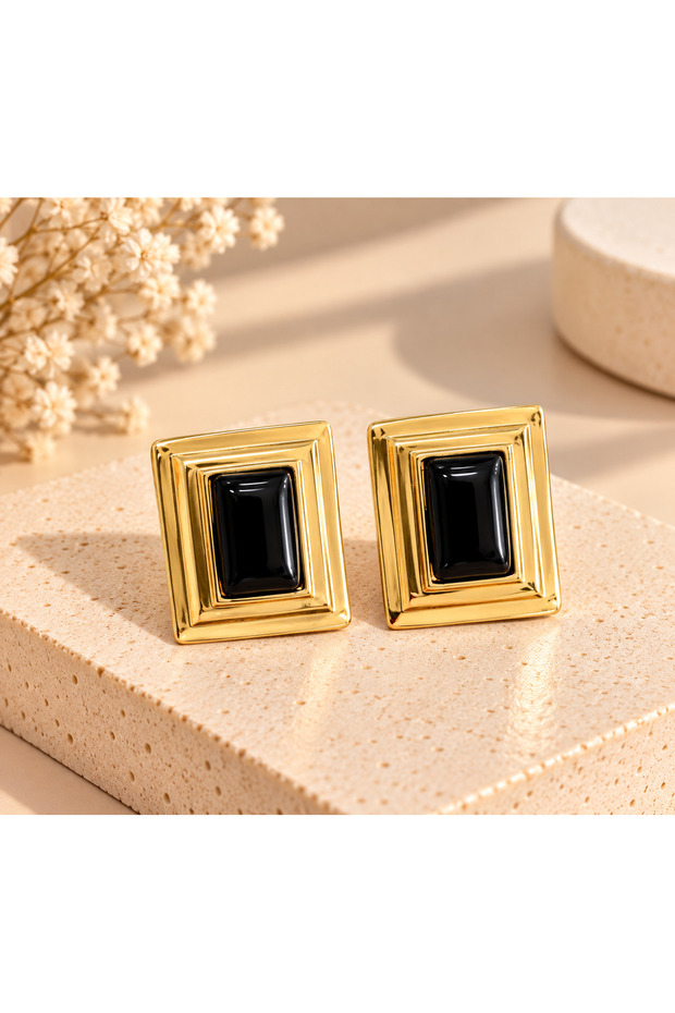 Women's Gold Black Brown Detailed Geometric Rectangular Earrings – Vintage Stylish Design