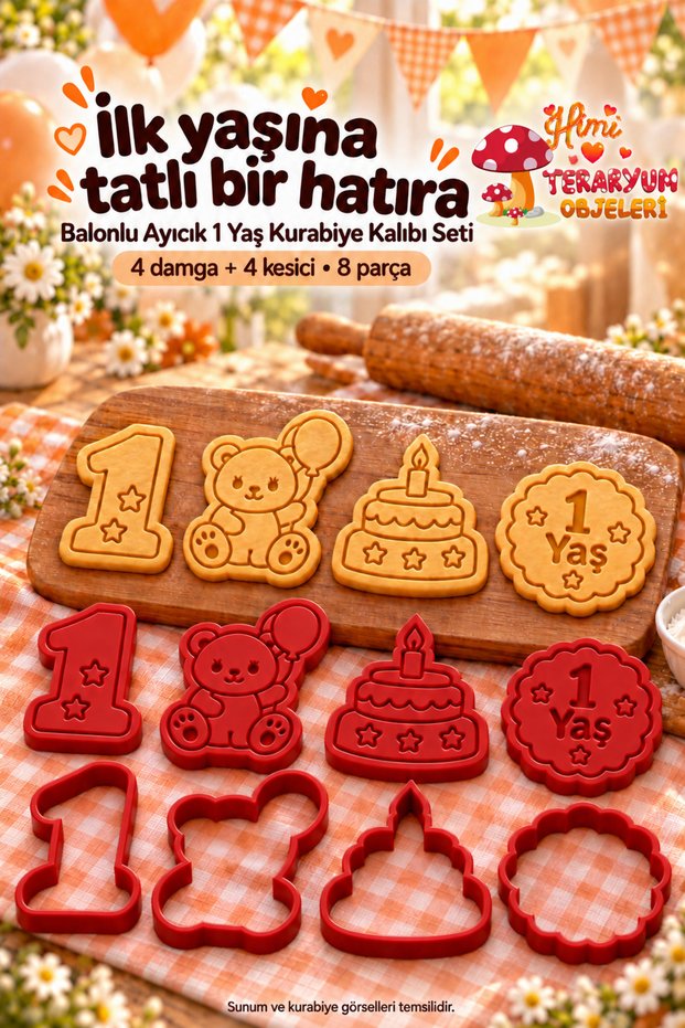 1 Year Old Cookie Mold Set with Balloon Teddy Bear Unisex 4 Figures 8 Pieces Red Birthday Stamp and Cutter