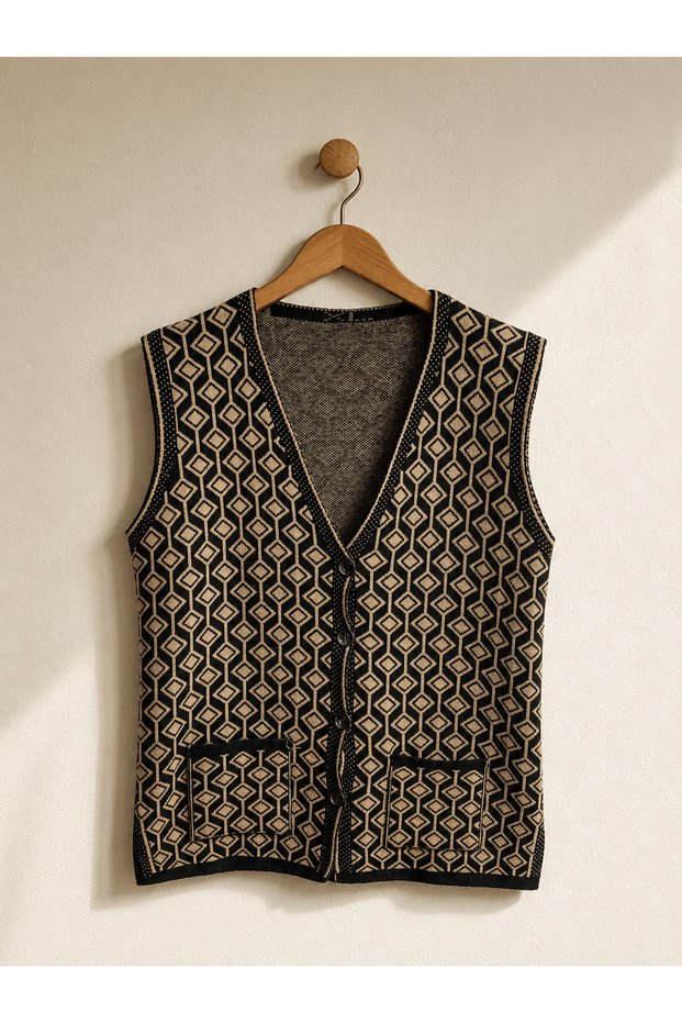 Geometric Patterned Mother's Vest - Ers - Milk Coffee & Black