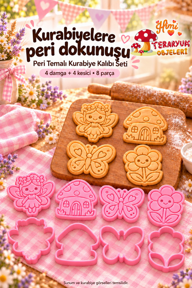 Fairy Tale Cookie Mold Set Pink 4 Figures 8 Pieces – Mushroom House Butterfly Flower Stamp and Cutter, Birthday