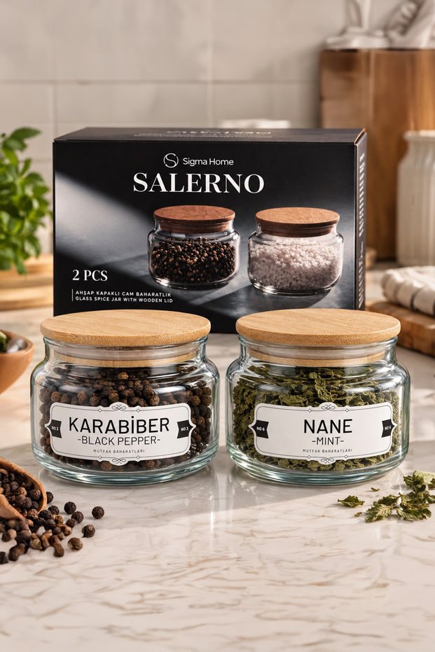 Salerno - Set of 2 Wooden Vacuum Lid Glass Spice Jars 430Cc