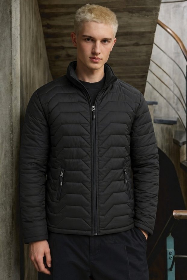 Men's Stand Collar Zippered Black Puffer Jacket